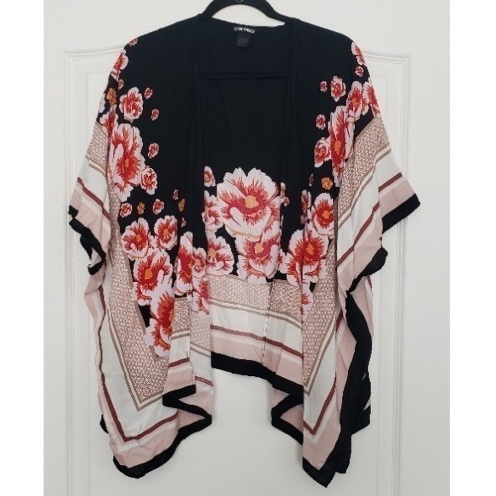 Steve Madden Floral Kimono Wrap Black Red Orange Rayon One Size Boho Coverup